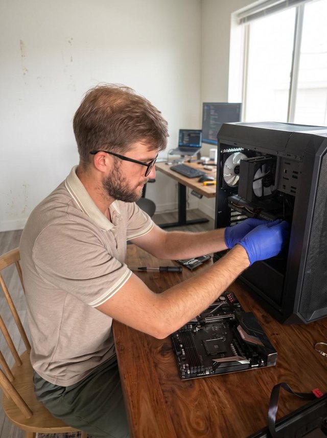 Alejandro Bañados haciendo mantención a una estación de trabajo con GPUs