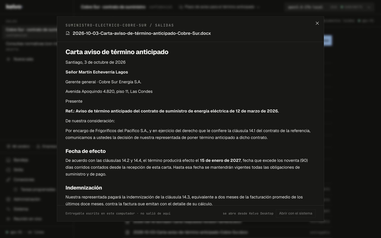 Kelvo Desktop con la vista previa de un entregable abierto: una carta de aviso de término anticipado en Word, con el pie «Entregable escrito en este computador · no salió de aquí». Datos ficticios.
