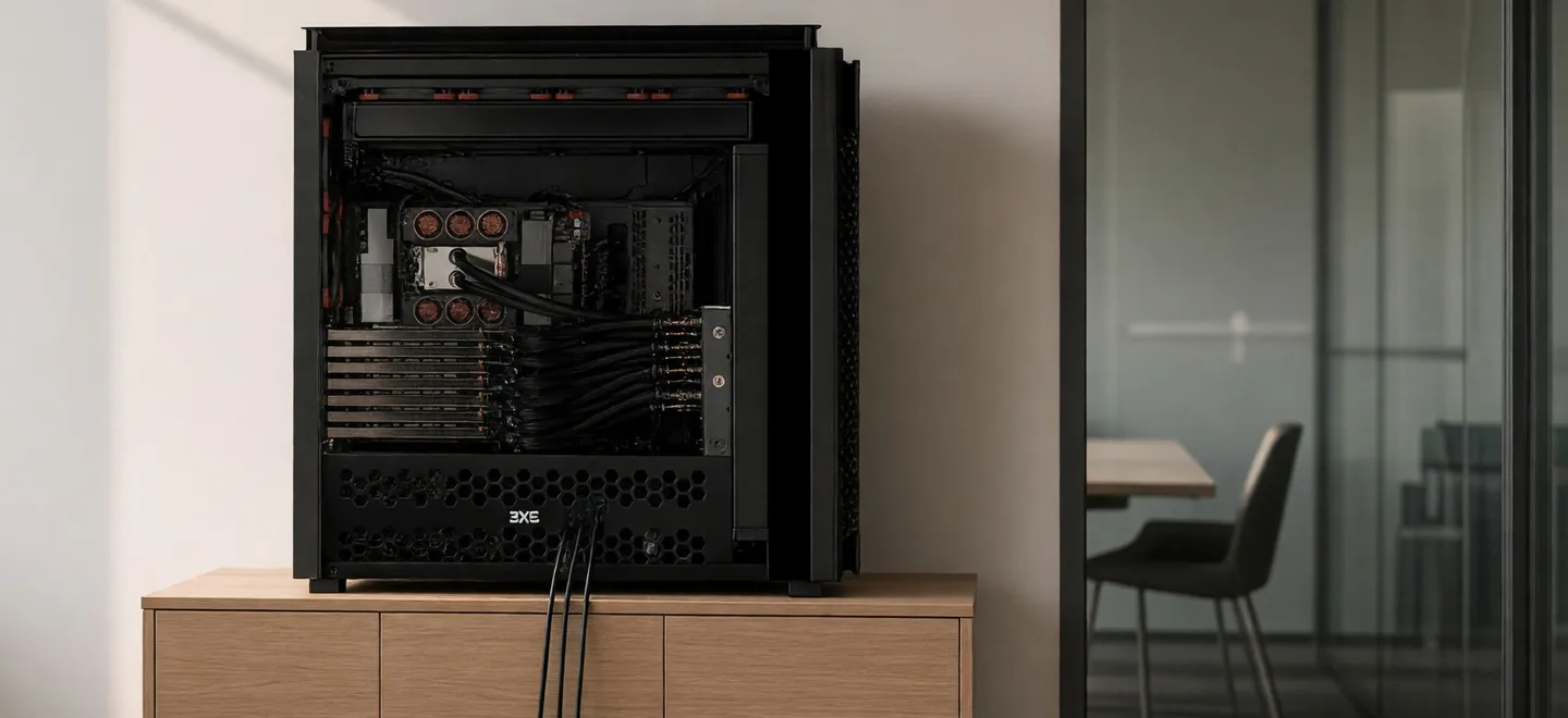 Servidor con GPU, abierto, sobre un mueble de la oficina, junto a la sala de reuniones.